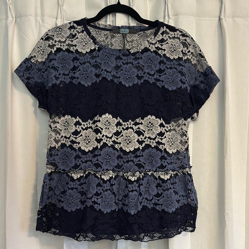 Eva Franco Midnight Blue and Ivory Floral Lace Blouse